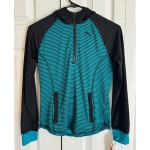 NEW Puma 1/2 Zip Hoodie Striped Shirt Teal & Black Girls Size Large